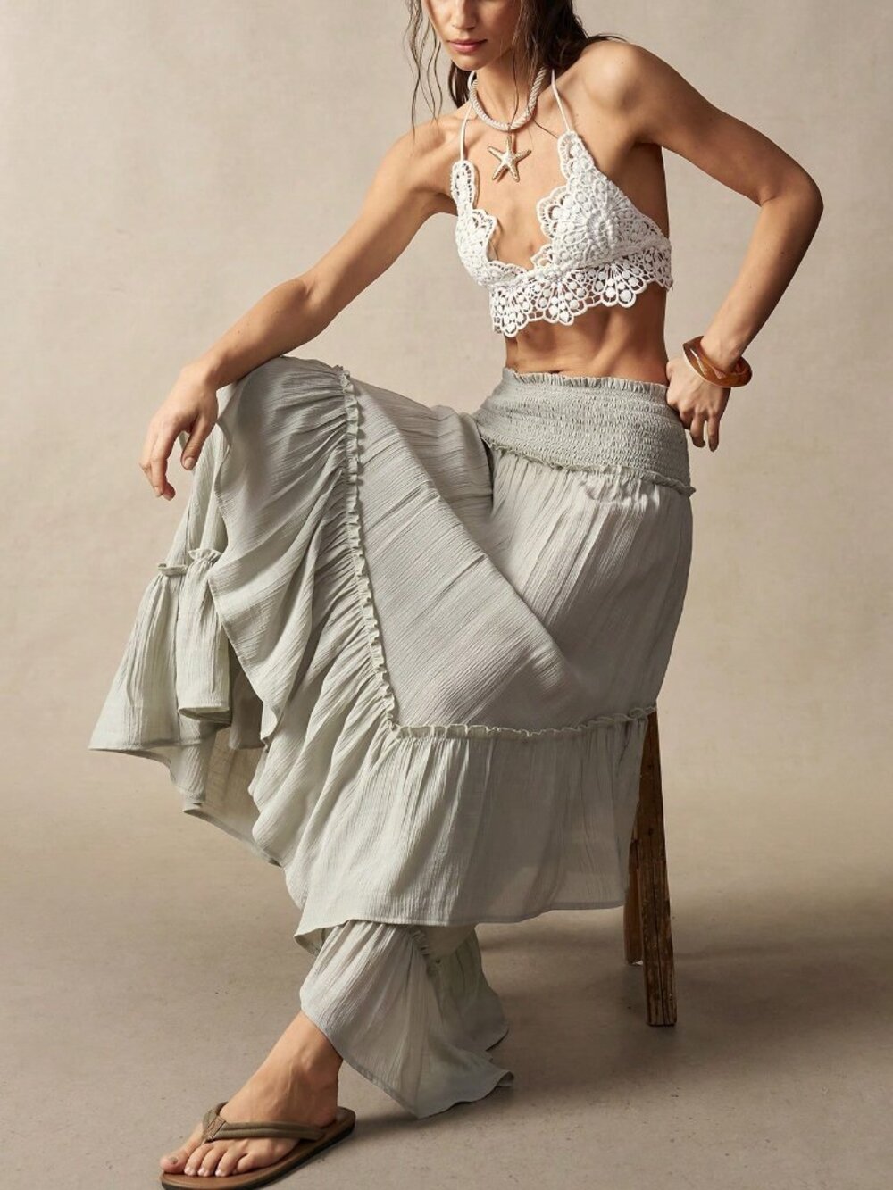 Green Boho Women's Bohemian Ruffle Midi Skirt with Convertible Tube Top - Picture 3 of 8